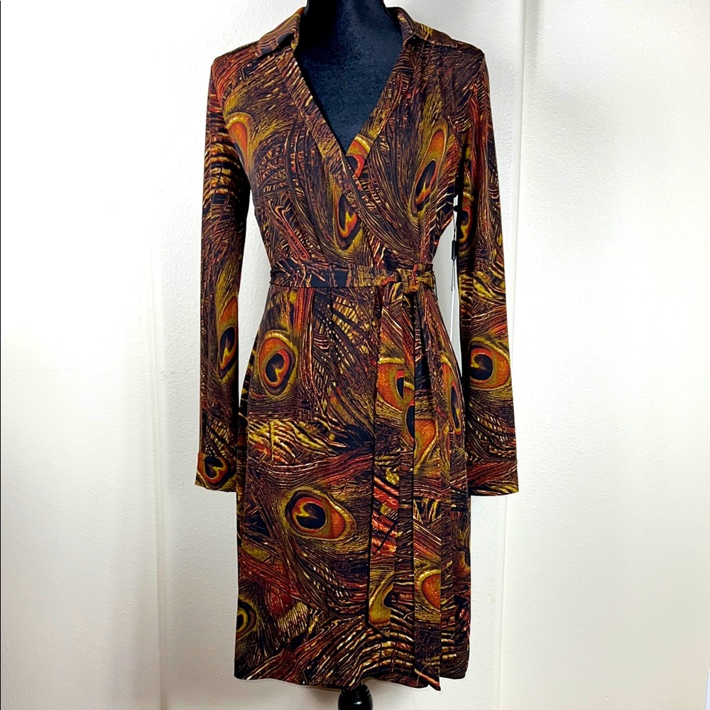 Calvin Klein Elegant Peacock Feather Print Wrap Dress | Size 6 | NWT